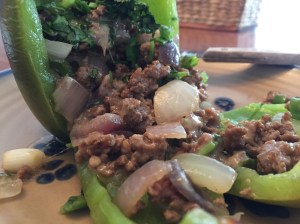 Sliced lamb stuffed pepper